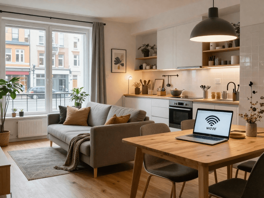 Furnished Monteurzimmer Hannover mit modernem Wohnzimmer, kompletter Küche, kostenlosem WLAN und einladendem Ambiente.