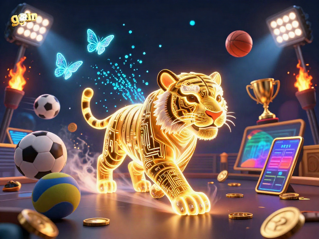 Engage with gem 88's vibrant digital casino scene, featuring a golden tiger and sports-themed elements.