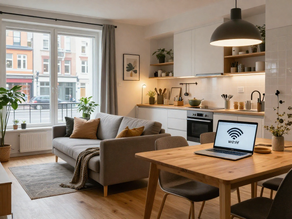 Furnished Monteurzimmer Hannover mit modernem Wohnzimmer, kompletter Küche, kostenlosem WLAN und einladendem Ambiente.