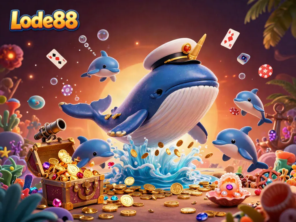 Lode88 offers an exciting underwater casino experience with whales, poker chips, and vibrant treasures.