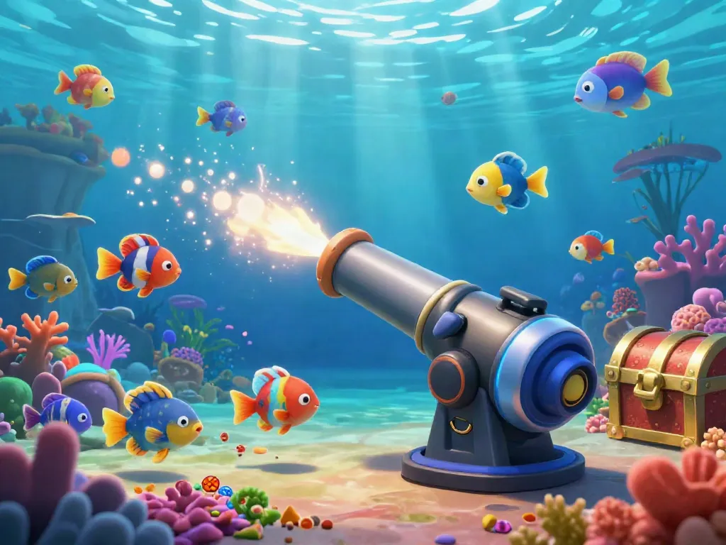 Bắn cá Vua88 showcases a dynamic underwater fishing game with vibrant sea creatures and a game cannon.