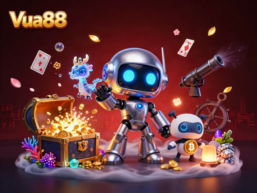 Experience Vua88's vibrant casino world with a dynamic scene of 3D characters amidst underwater treasures and gaming elements.
