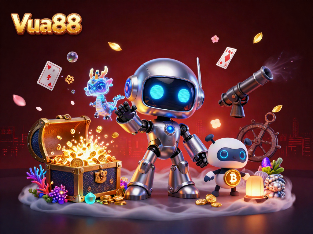 Experience Vua88's vibrant casino world with a dynamic scene of 3D characters amidst underwater treasures and gaming elements.