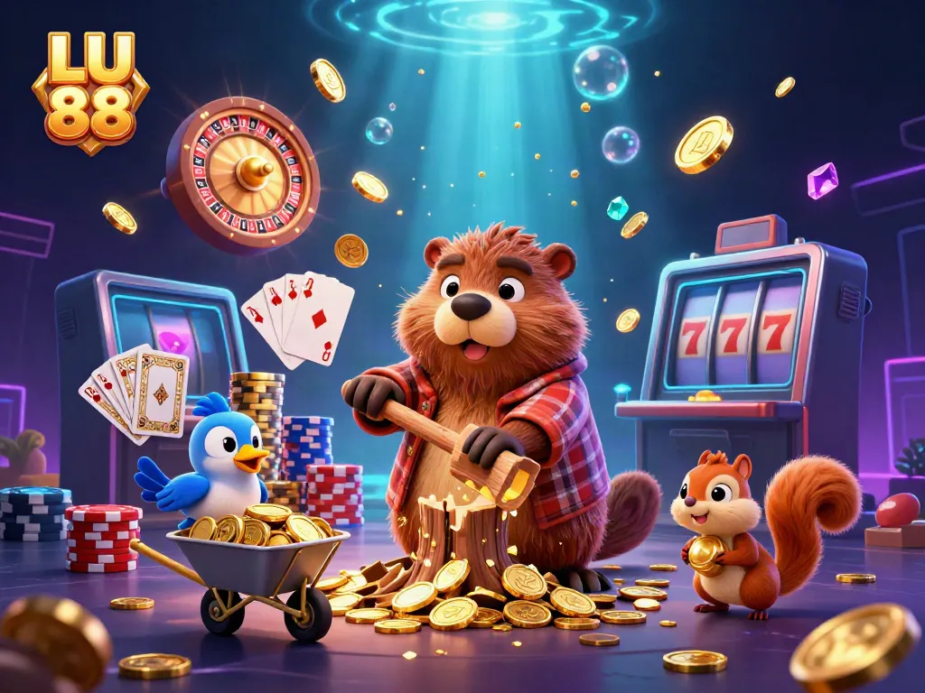 LU 88 showcases vibrant casino fun with animated characters handling gold coins and game elements.