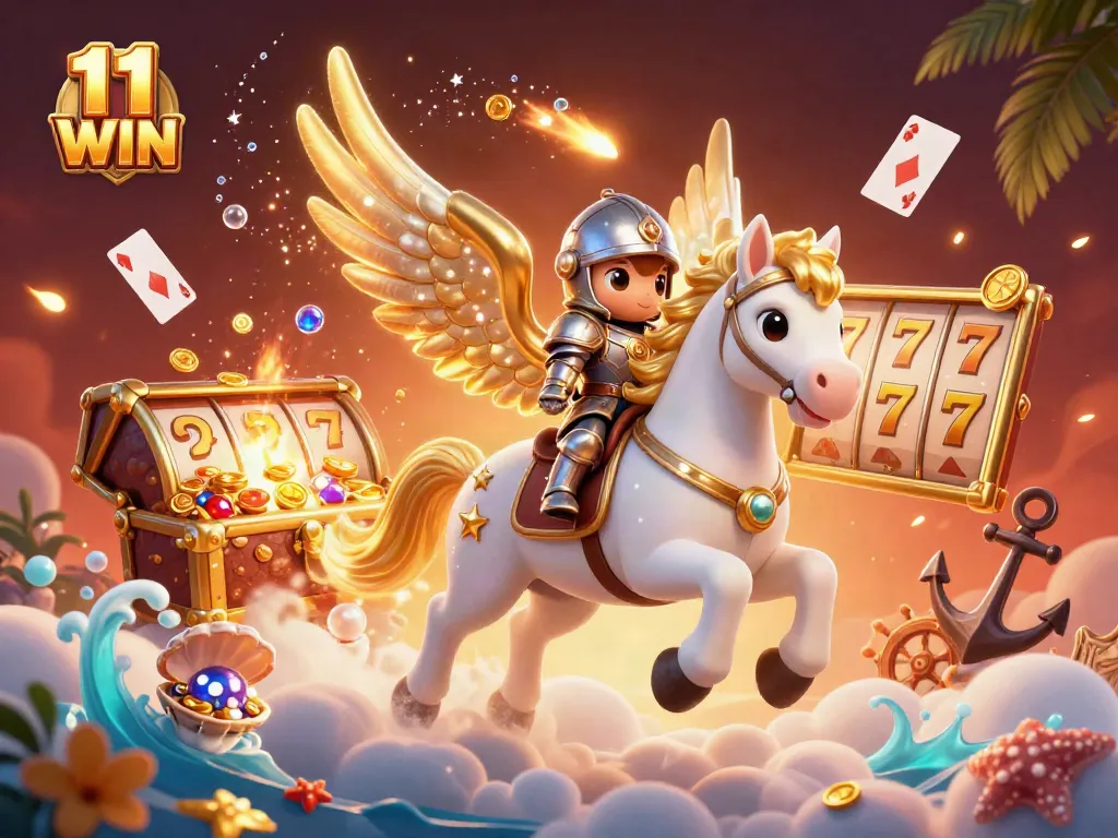 Experience the thrill of gambling with 11 WIN illustrated in a vibrant fantasy scene featuring a celestial horse and winning symbols.