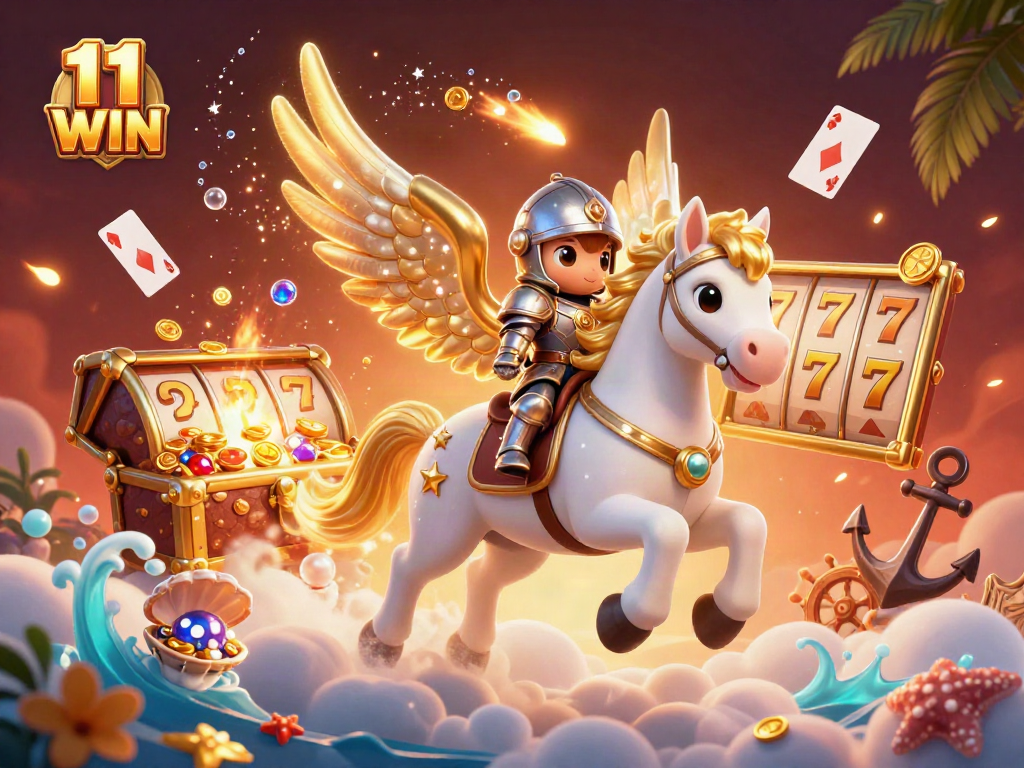 Experience the thrill of gambling with 11 WIN illustrated in a vibrant fantasy scene featuring a celestial horse and winning symbols.