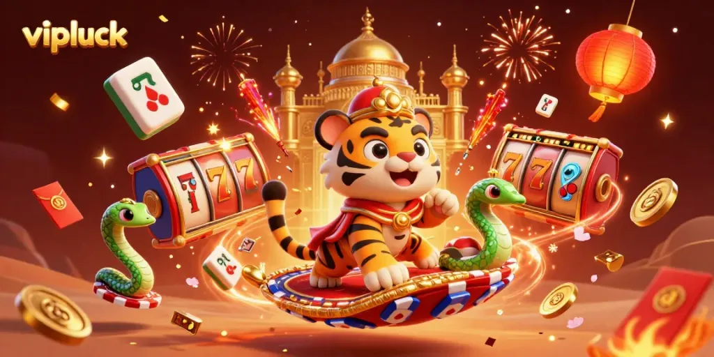 Experience thrilling gameplay with vipluck as a tiger sultan on a flying carpet surrounded by colorful casino elements.