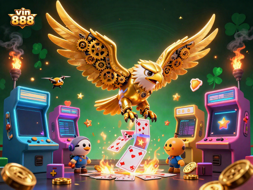 Experience high-stakes gameplay with vin 888, illustrated by a cybernetic eagle and casino elements.