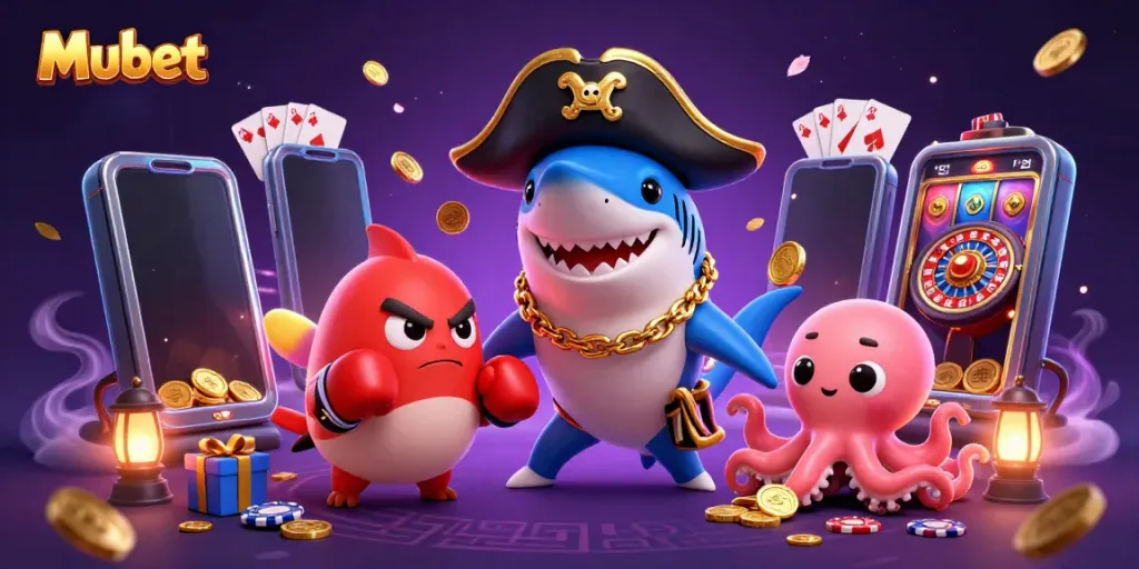 Engage with exciting games at Mubet featuring a cartoon pirate shark, a boxing pufferfish, and a gold coin-holding octopus.