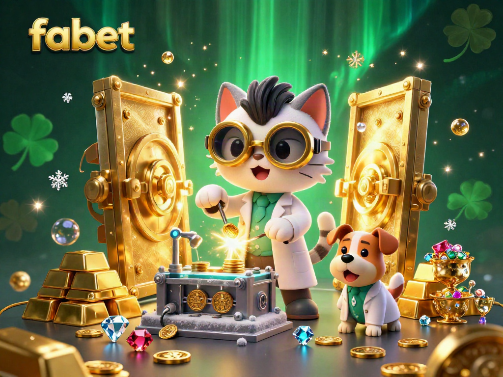Engage with fabet's exciting gaming experience featuring a mad scientist cat and dog in a treasure-filled lab.