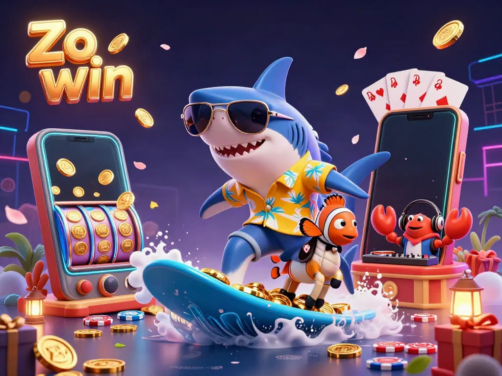 Experience thrilling action with Zo win as a cartoon shark surfs coins surrounded by dynamic gaming elements.