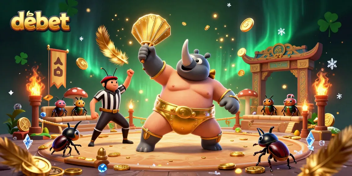 Experience the debet gaming excitement with a powerful sumo champion and cricket referee at a dynamic arena.