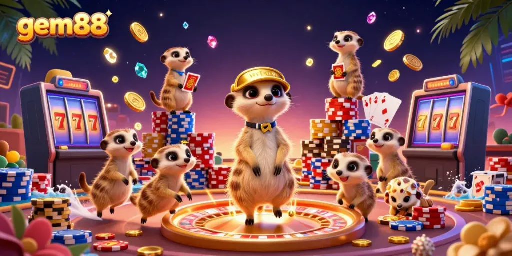Engage in thrilling casino action with gem88's lively meerkat characters showcasing a vibrant, dynamic illustration.