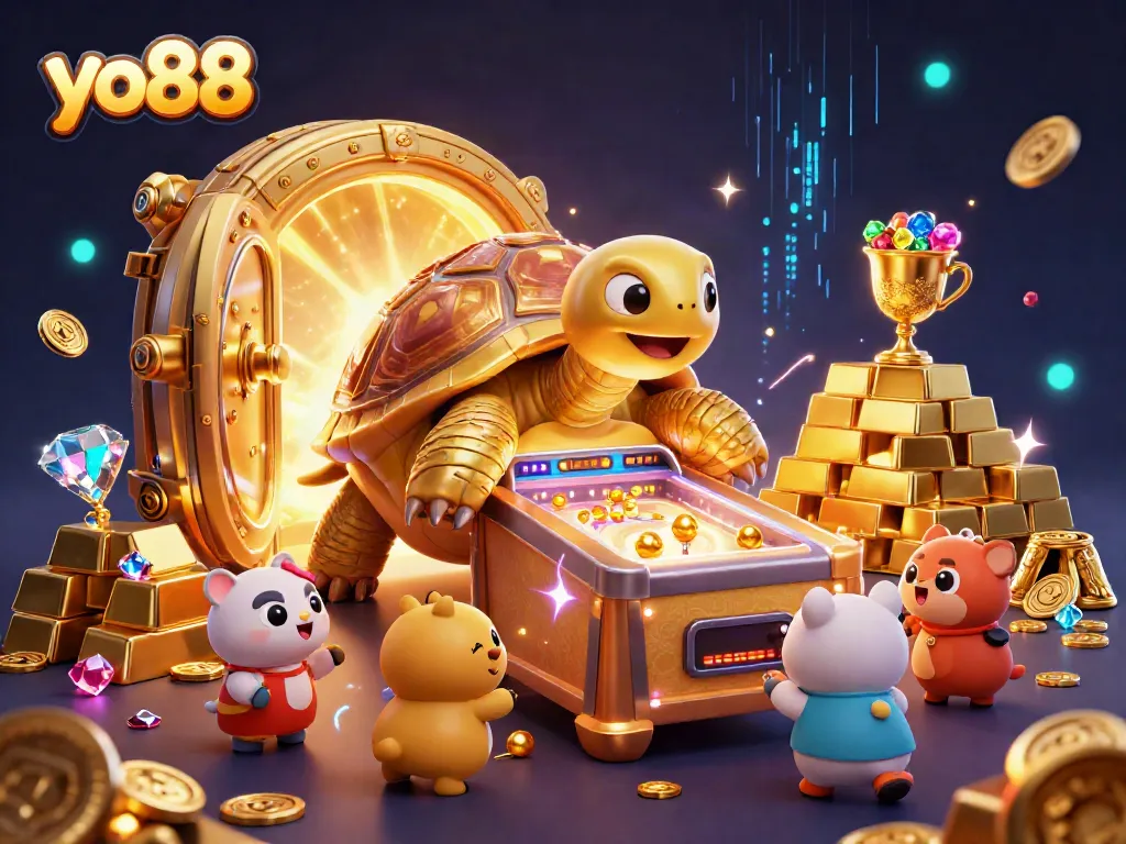Join the yo88 adventure with a colossal tortoise pinball machine in a vibrant treasure-filled casino landscape.