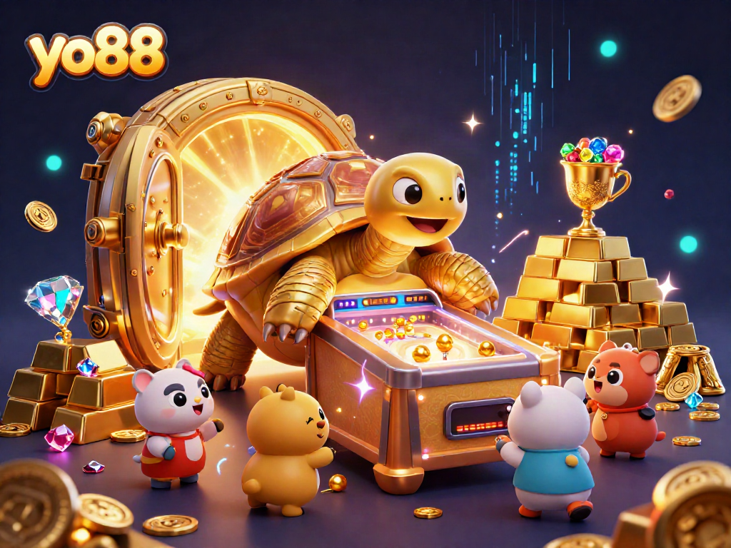 Join the yo88 adventure with a colossal tortoise pinball machine in a vibrant treasure-filled casino landscape.