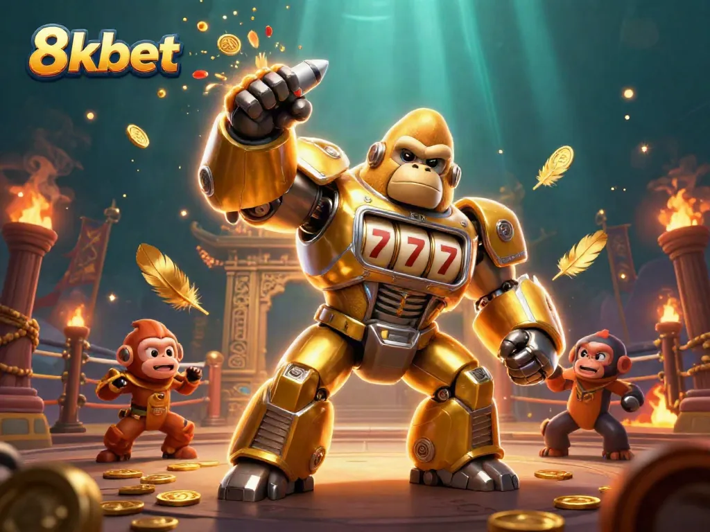 Experience dynamic gameplay with 8xbet’s golden gorilla mech and slot machine designs, capturing the thrill of online betting.