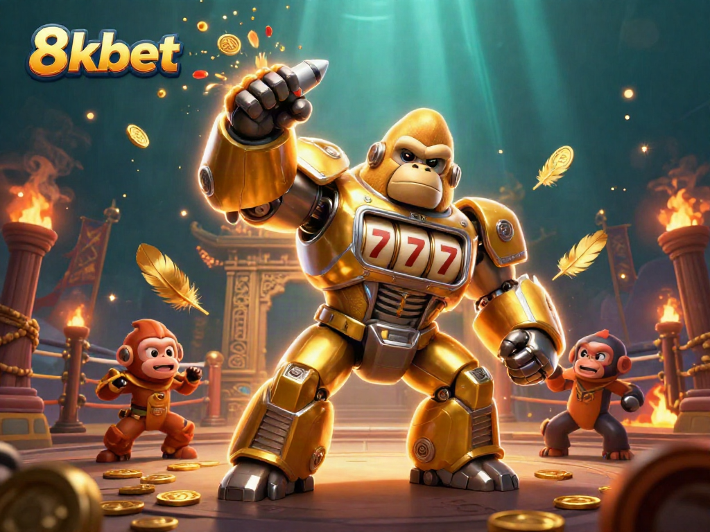 Experience dynamic gameplay with 8xbet’s golden gorilla mech and slot machine designs, capturing the thrill of online betting.