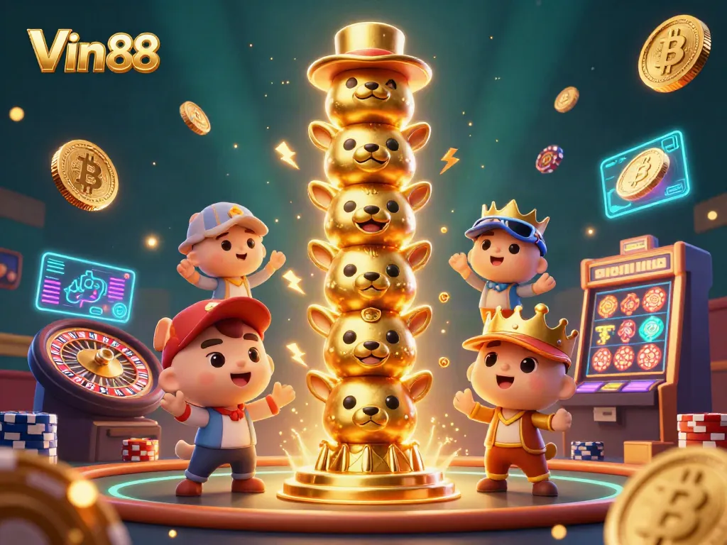 Experience thrilling moments at Vin 88 with dynamic live casino elements and glowing crypto coins.