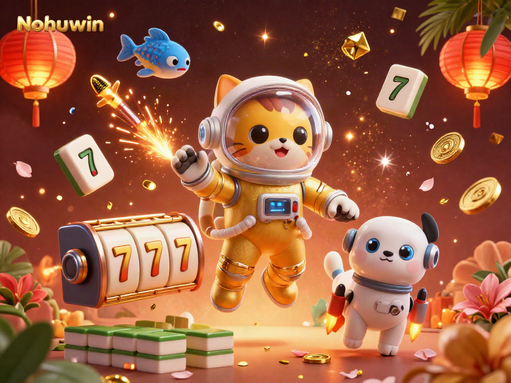Nohuwin's thrilling jackpot adventure with 3D cartoon characters and exciting gaming elements in a vibrant casino atmosphere.