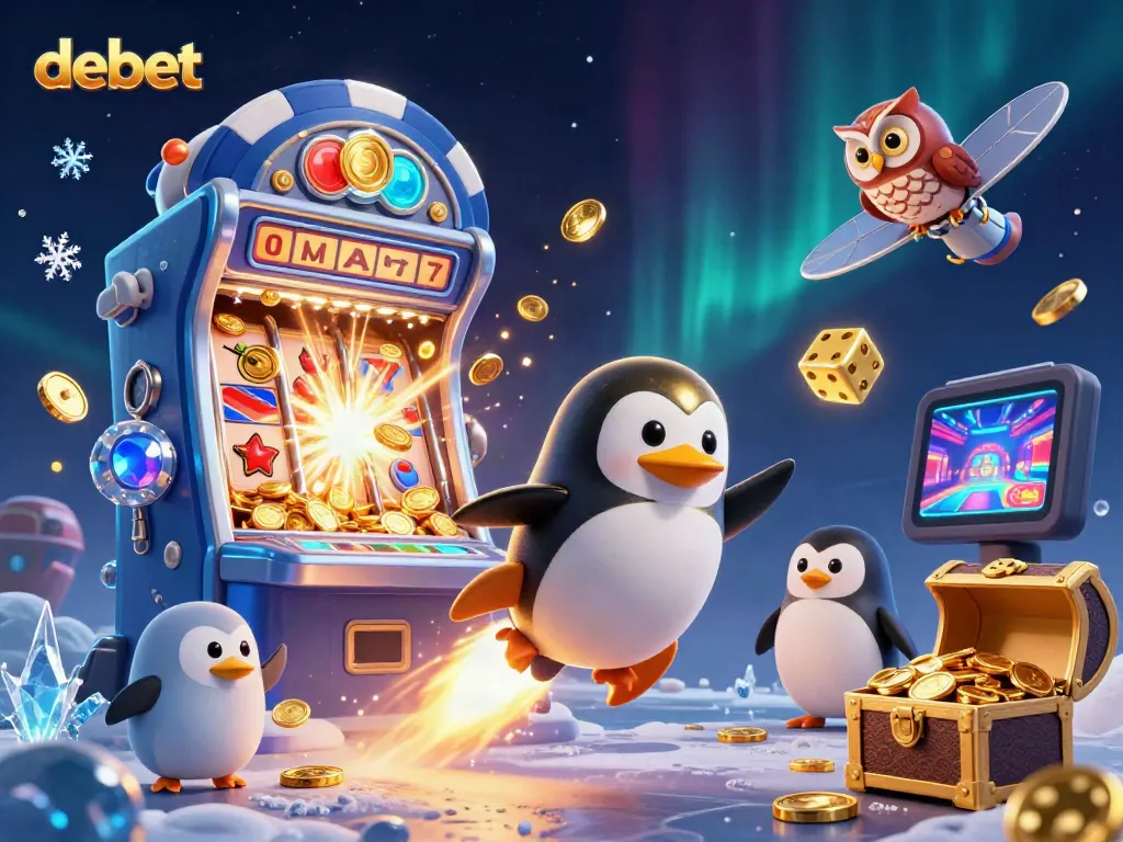 Engage in fun casino adventures with debet's golden penguin character amidst exploding jackpots and vibrant gaming elements.