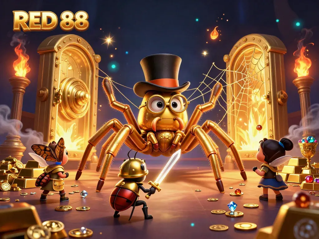 Engage in exciting gameplay at RED 88 with a vibrant illustration featuring a golden tarantula and treasure.