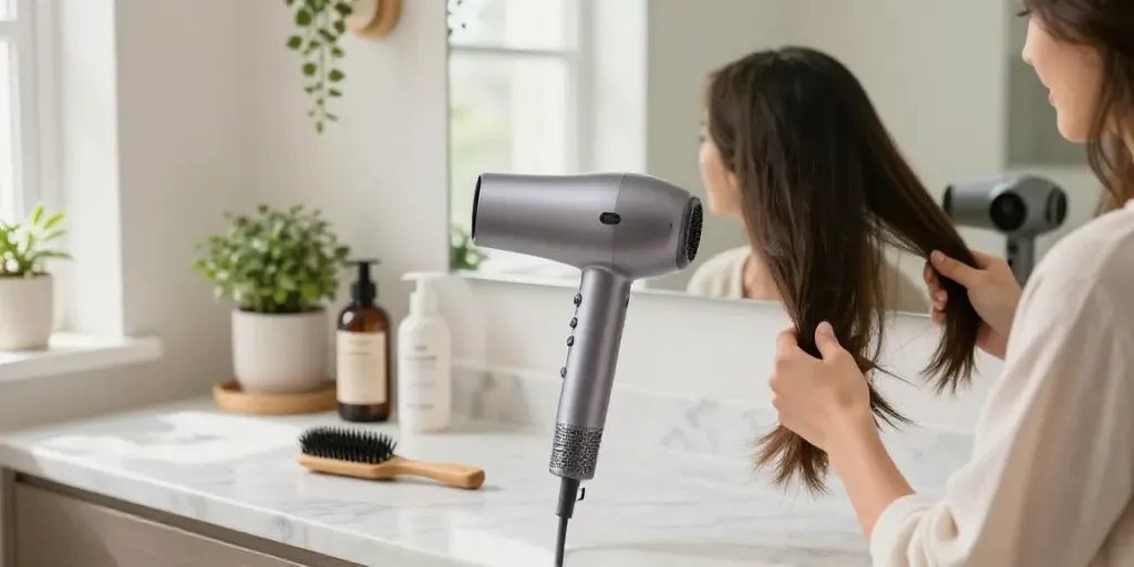Moderne Haartrockner-Szene mit Frau beim Frisieren im Badezimmer.
