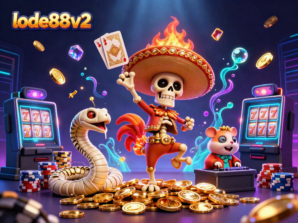 Experience the excitement of lode88v2 with a vibrant 3D casino illustration featuring animated characters and gaming elements.