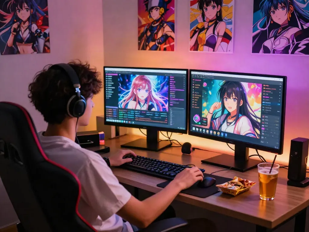 Dynamic hentai chat scene with anime characters on screens and cozy gaming setup.