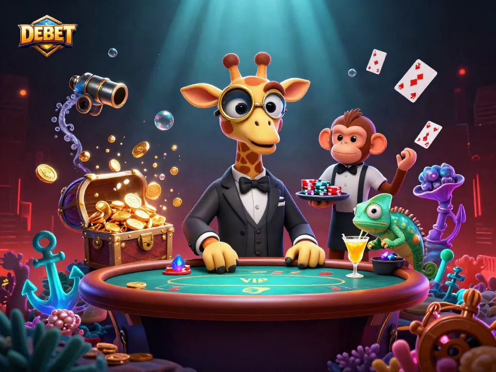 Experience the vibrant DEBET gaming scene with high-roller characters and exciting casino elements.