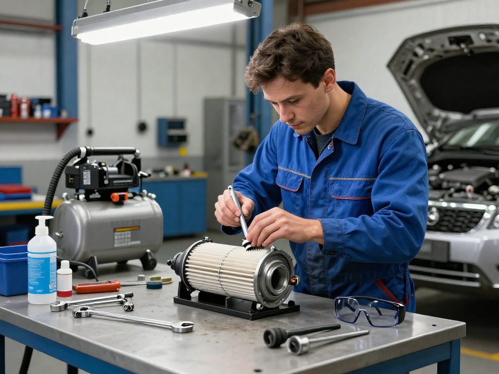 Mechaniker reinigt den DPF in einer professionellen Werkstatt, um die Motorleistung zu verbessern.