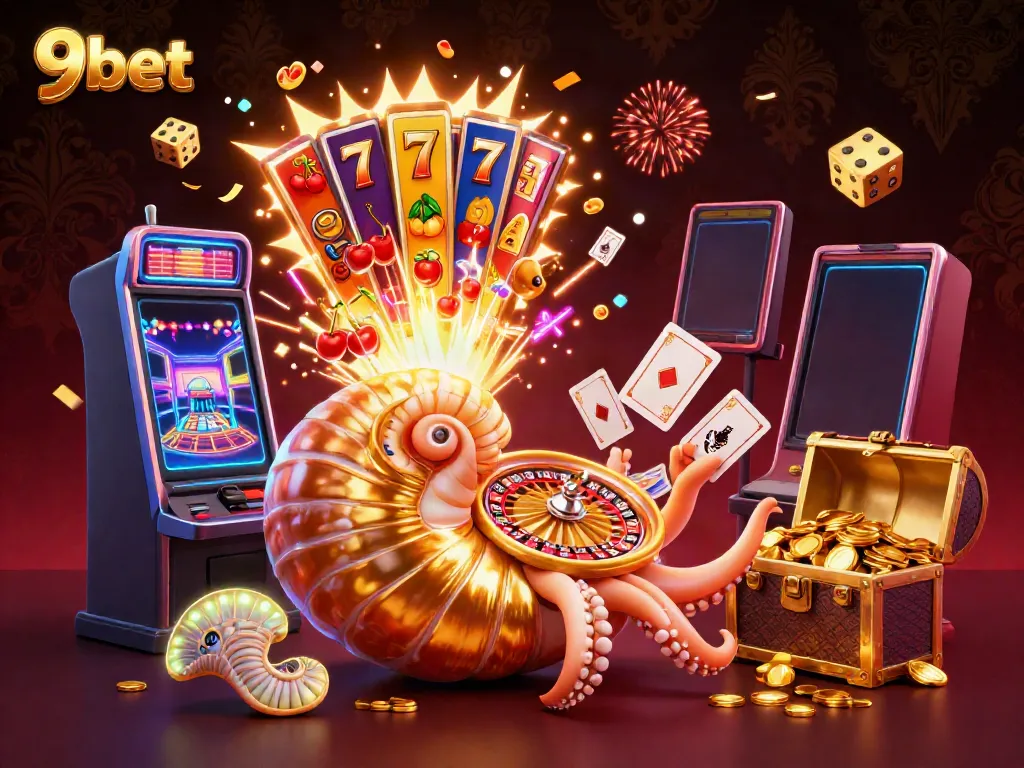 Engage with 9bet's vibrant gaming world, featuring an ancient nautilus and explosive slot action.