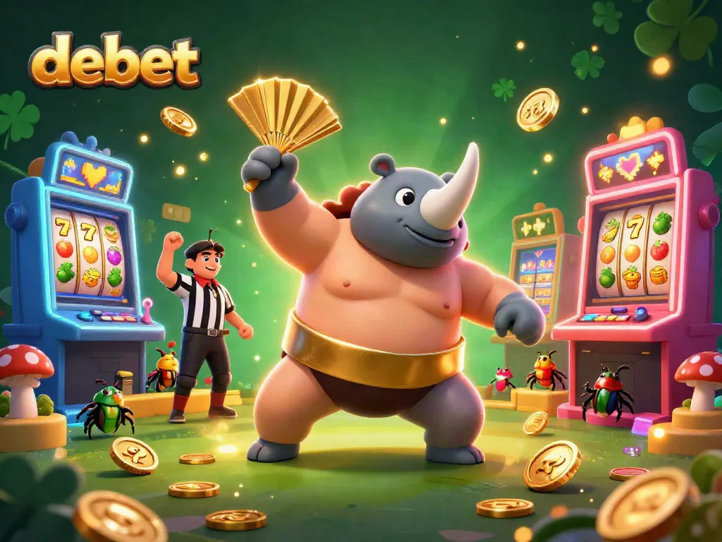 Experience debet excitement with a vibrant scene of slot games, characters, and shimmering coins.
