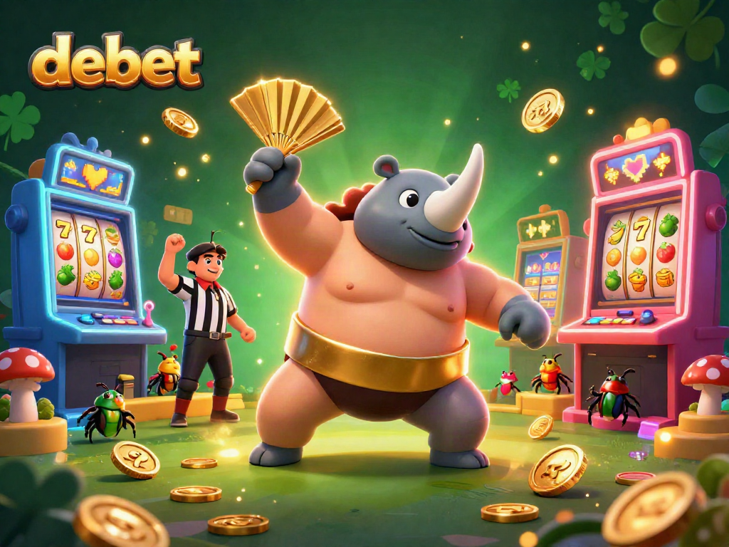 Experience debet excitement with a vibrant scene of slot games, characters, and shimmering coins.