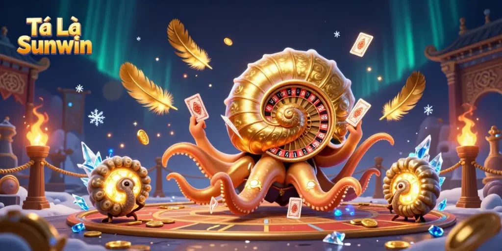 Play Tá Lả Sunwin with a dynamic scene of a giant nautilus roulette and glowing ammonite companions in action.