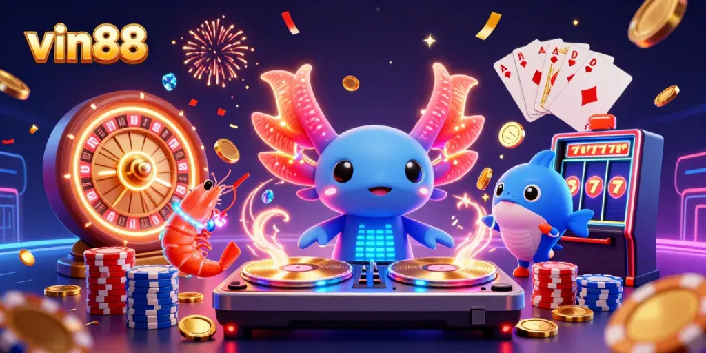 Experience vin88's vibrant casino scene with a neon-colored DJ and lively underwater party.