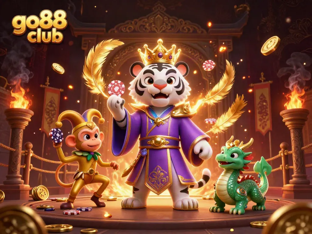 Experience the excitement of go88 club with this vibrant casino scene featuring a royal tiger and playful monkey.