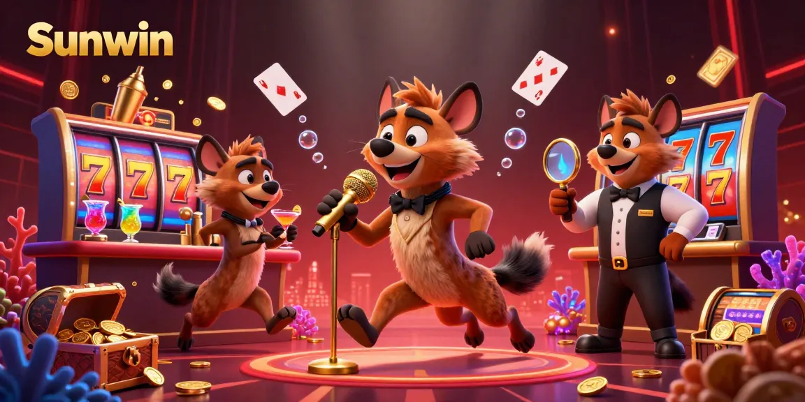 Experience the lively atmosphere of Sunwin's vibrant casino with comedic hyenas and sparkling slot reels.