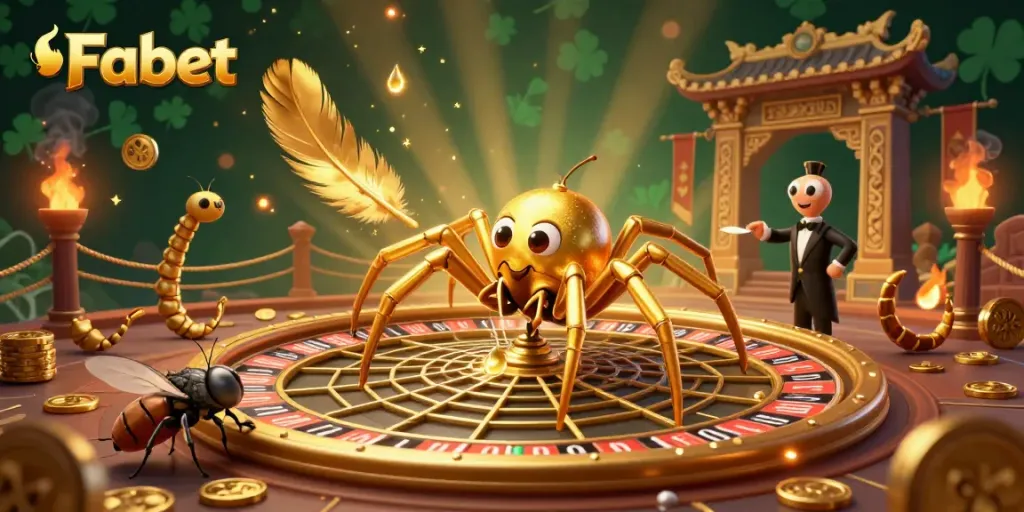 Discover the excitement at Fabet with a golden spider spinning a roulette wheel web, casino tokens, and lively game atmosphere.