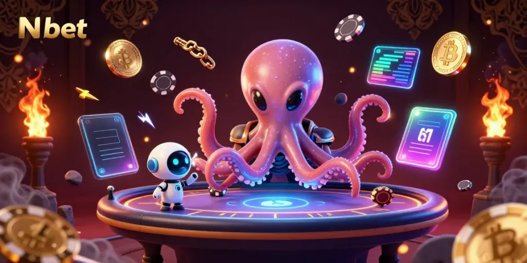 Engage in thrilling Nbet casino games with an alien octopus at a holographic poker table.