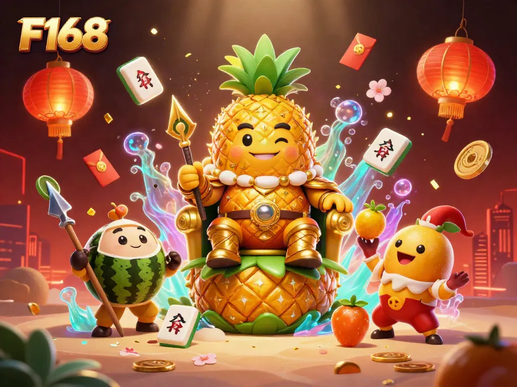 Engage in thrilling fun with F168's vibrant casino beach scene featuring a golden pineapple king and festive elements.