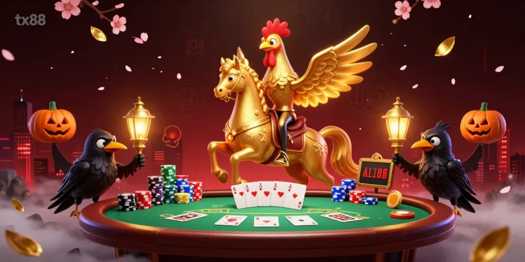 Experience the excitement of tx88 casino with golden rooster and spectral horse amidst dynamic poker action.