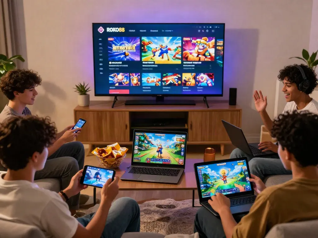 Players enjoying ROKOK88 daftar on multiple devices in a vibrant gaming atmosphere.