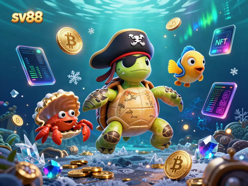 Guide your gameplay with sv88 in this vibrant 3D scene featuring a pirate turtle and treasure.