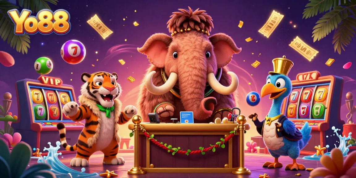 Experience thrilling games at Yo88 with a lively bouncer and guests in this vibrant casino scene.